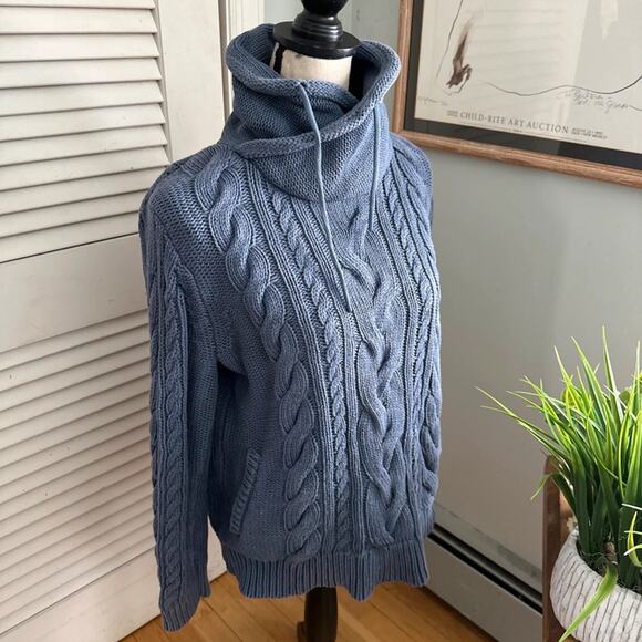 LL Bean Sweater Womens Large Petite Blue Cable Knit Funnel Neck Pullover Classic - Picture 5 of 10